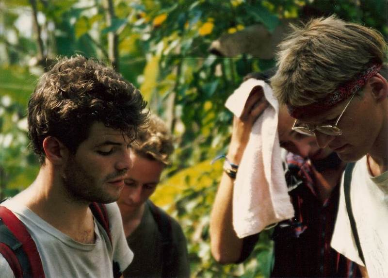 the Swedes (right) huddle with
                two Australian adventurers we met at the beginning of
                the expedition